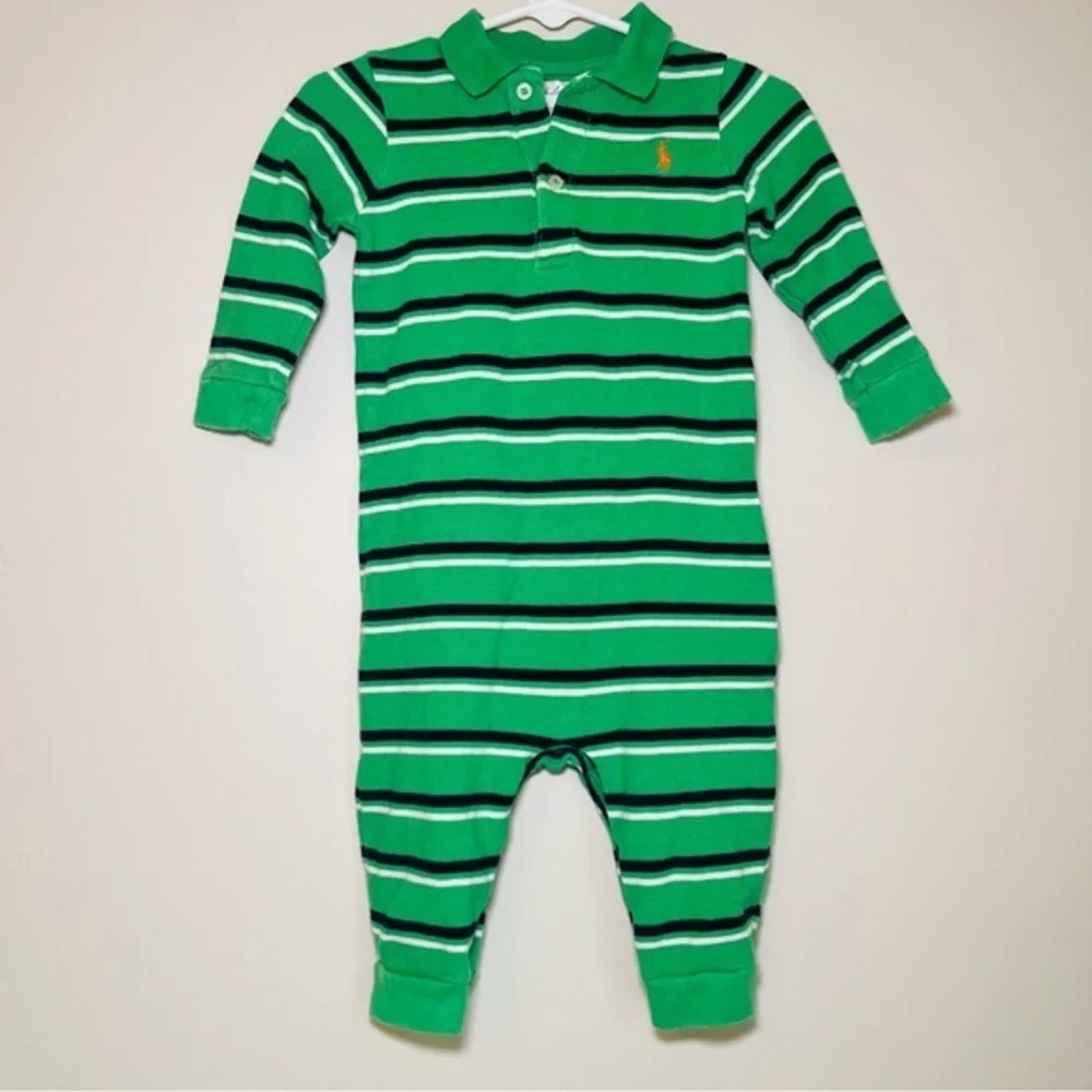 Ralph Lauren Striped Green and White one-piece collared Footie outfit